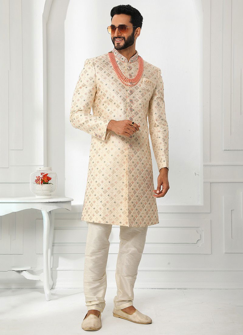 Cream And White Designer Wedding Wear Art Silk Sherwani Collection 1760